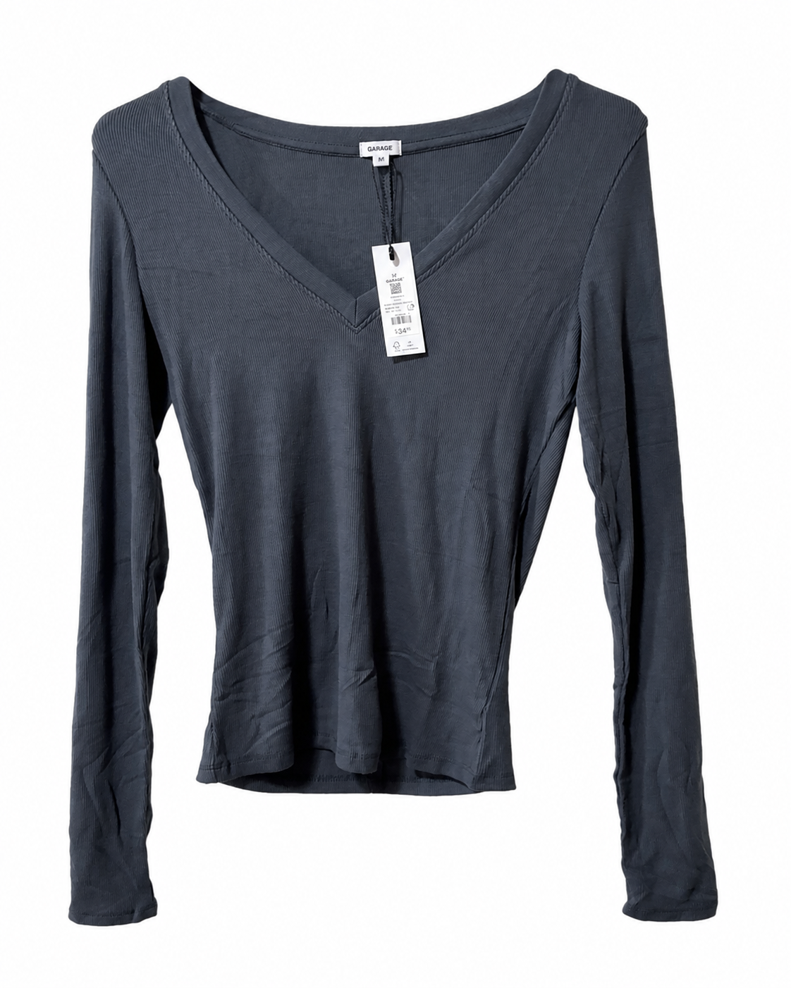 Garage Charcoal Ribbed V-Neck Long Sleeve Top – Size Medium