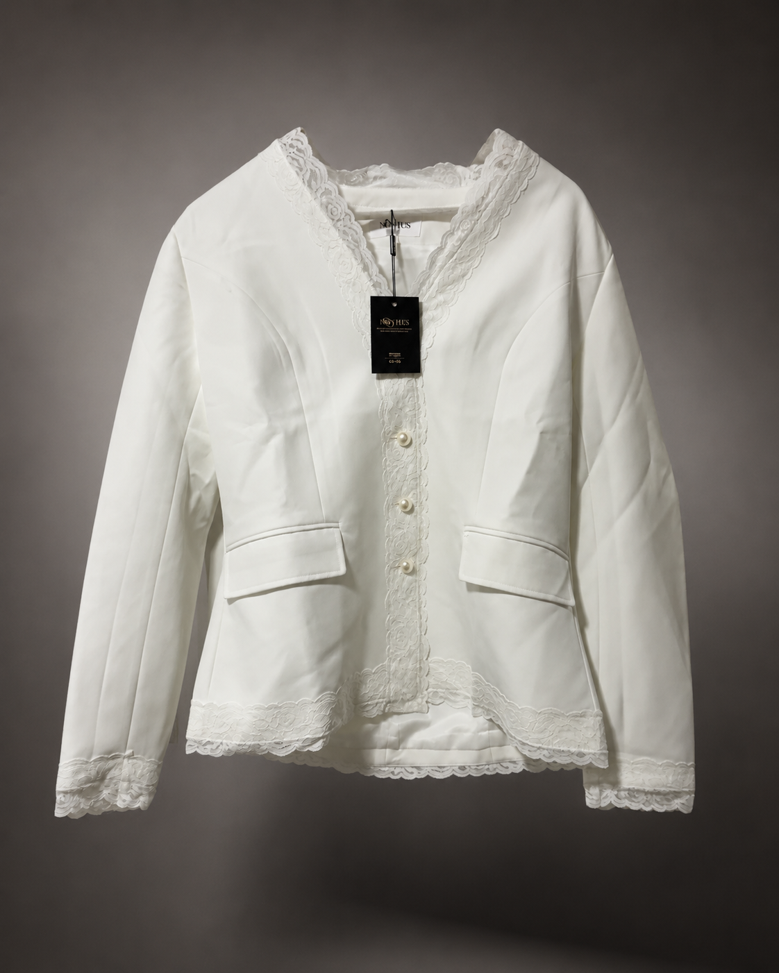 Mooyius Pearl Button Lace-Trimmed Blazer – White – Size Large