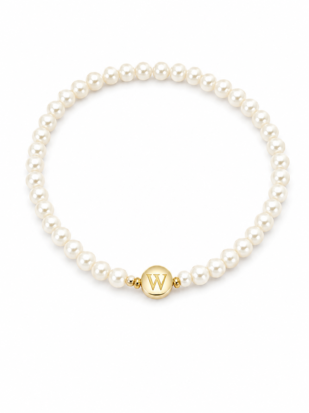 Initial “W” Faux Pearl Stretch Bracelet – White & Gold