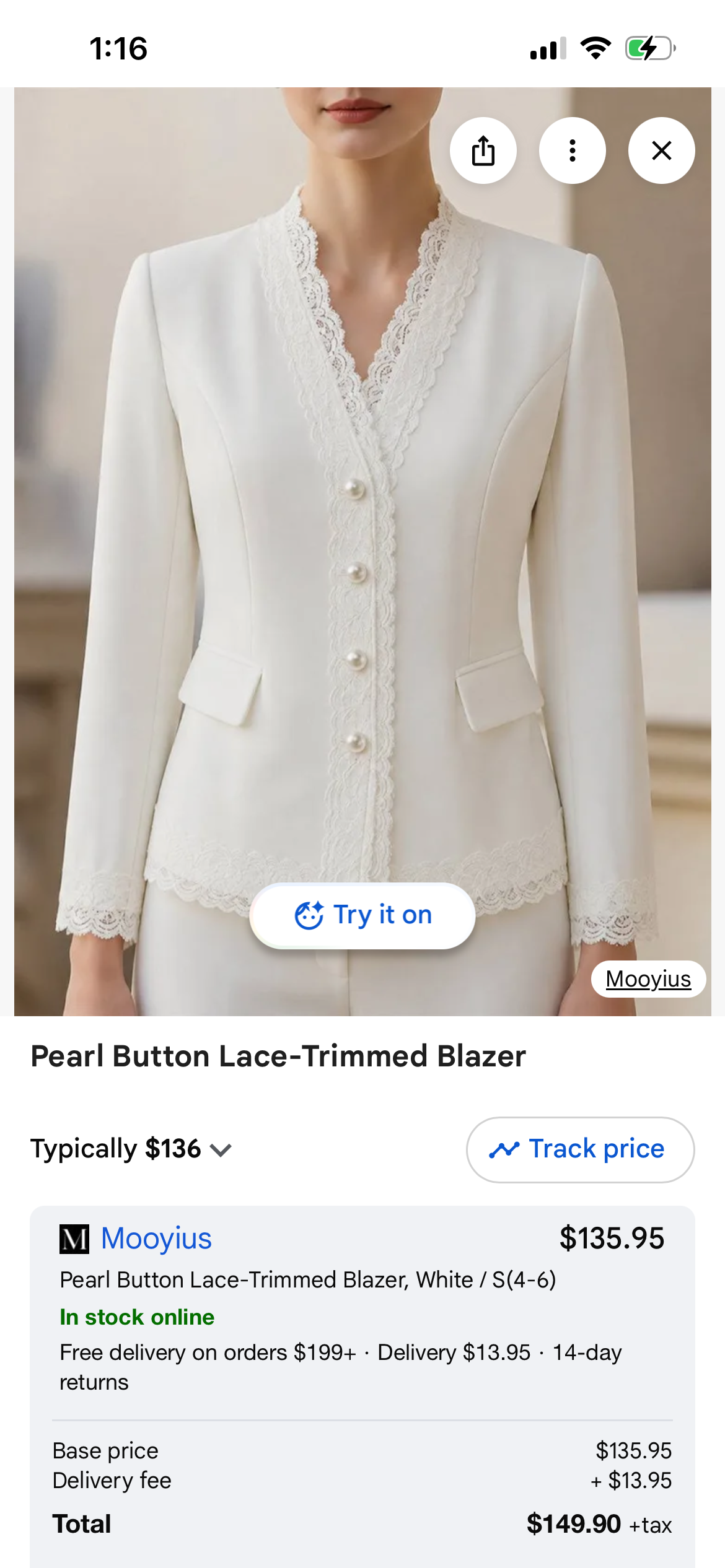 Mooyius Pearl Button Lace-Trimmed Blazer – White – Size Large