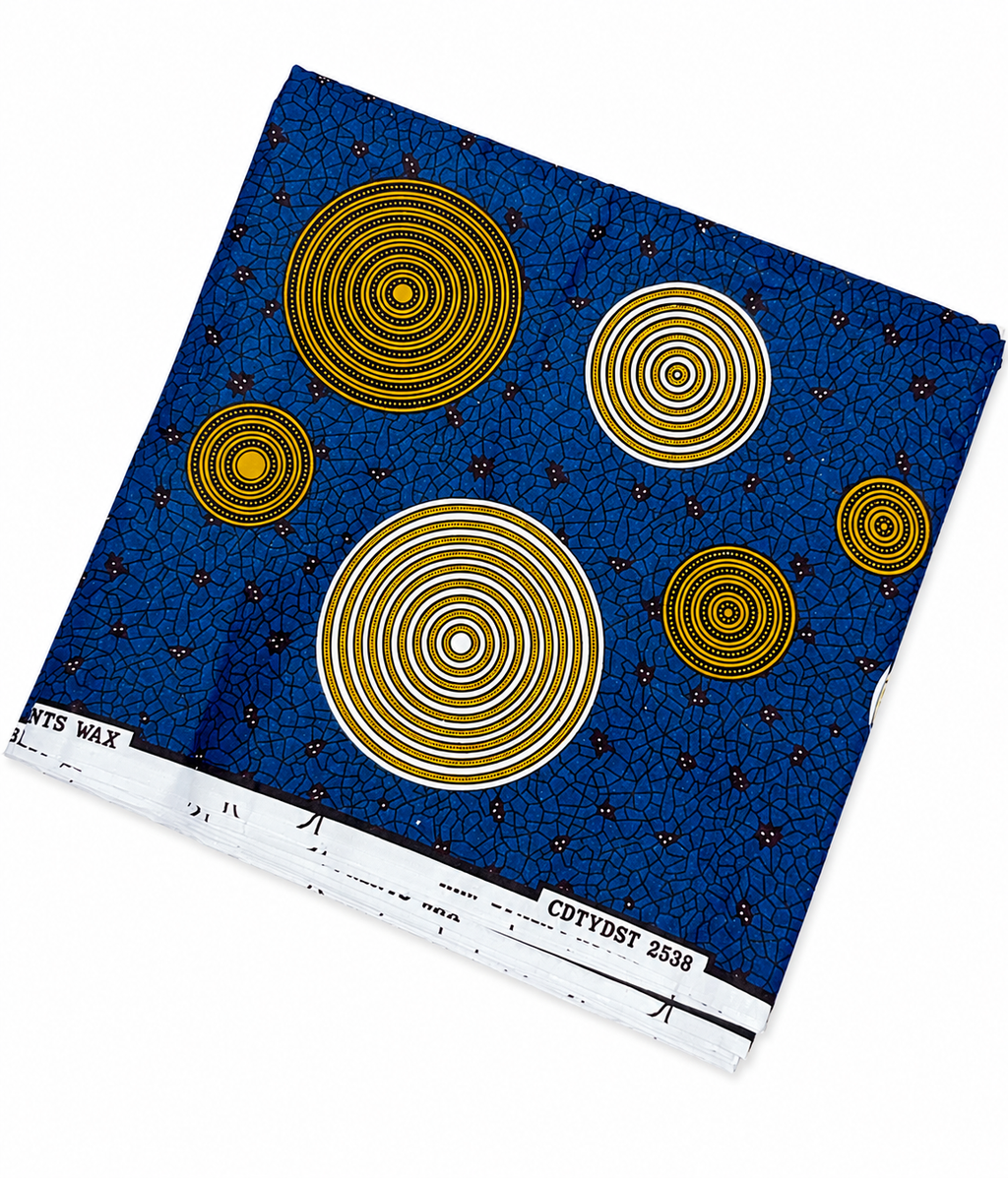 African Ankara Wax Print Fabric – Blue & Gold Geometric Circle Pattern